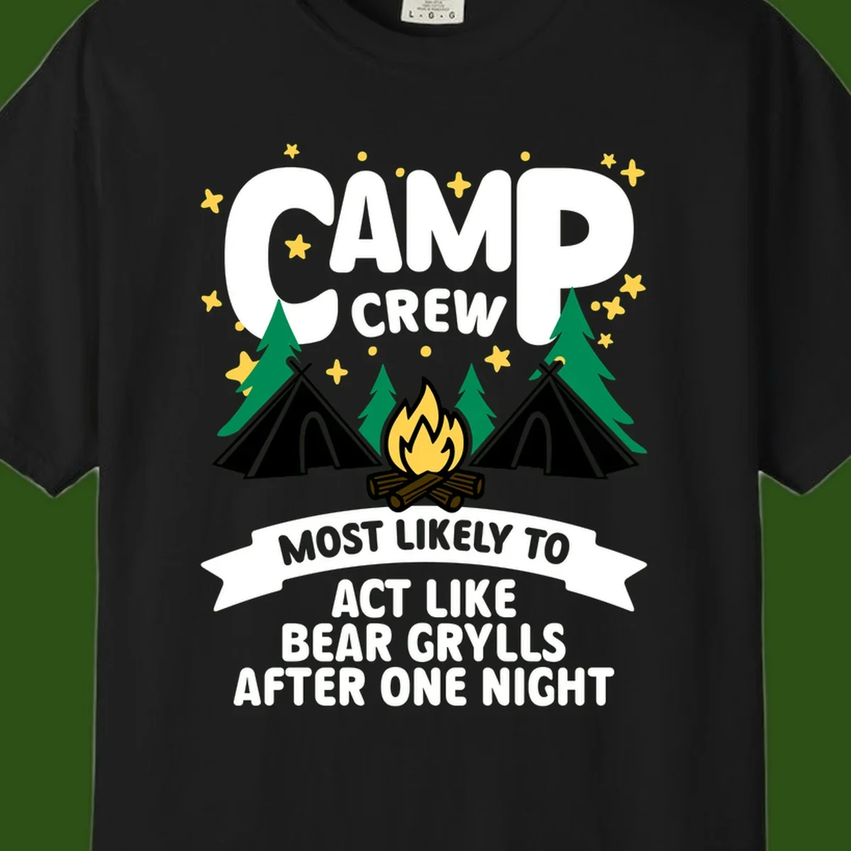 Bear Grylls camp crew design with campfire, tents, and stars—humorous camping shirt for group trips