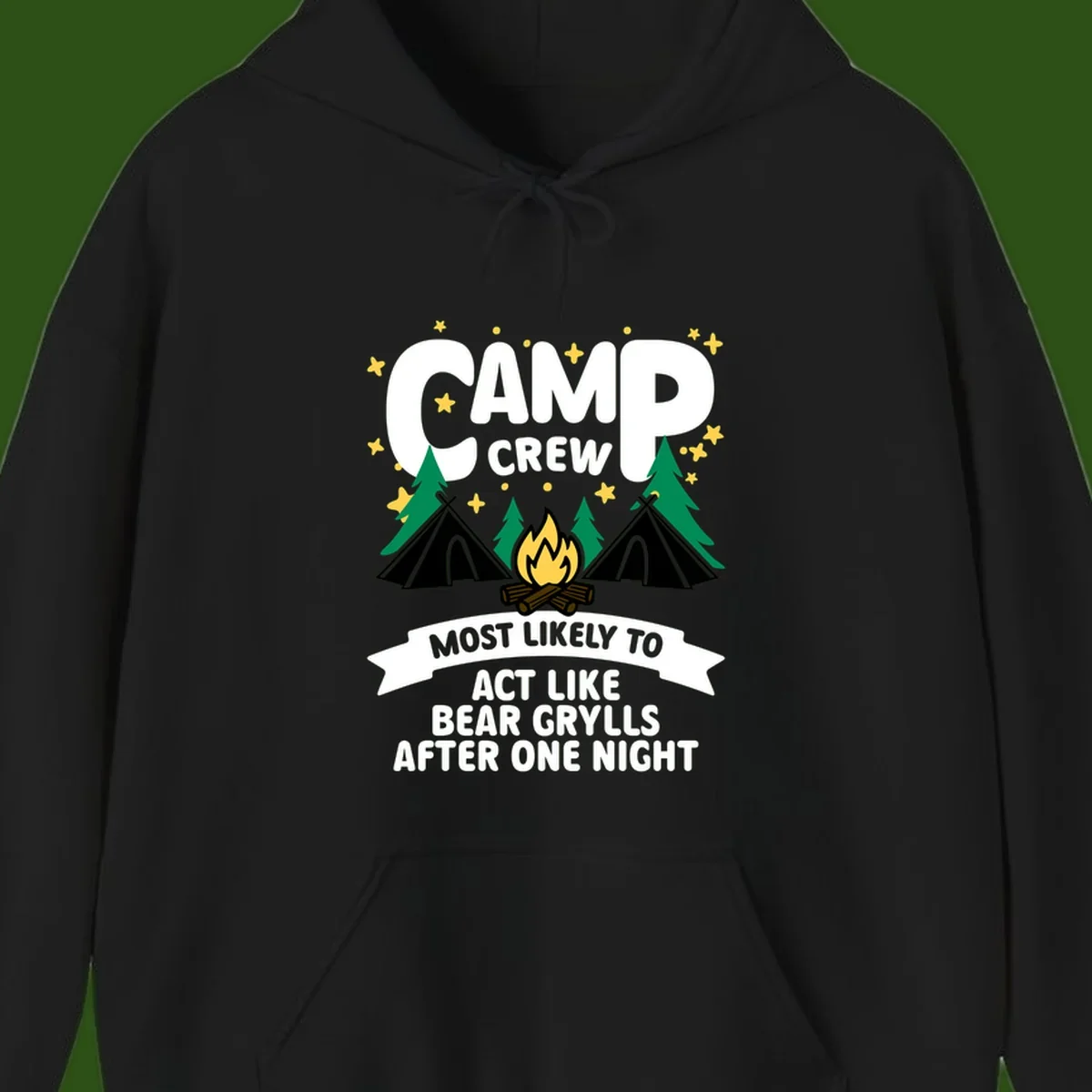 Bear Grylls camp crew design with campfire, tents, and stars—humorous camping shirt for group trips