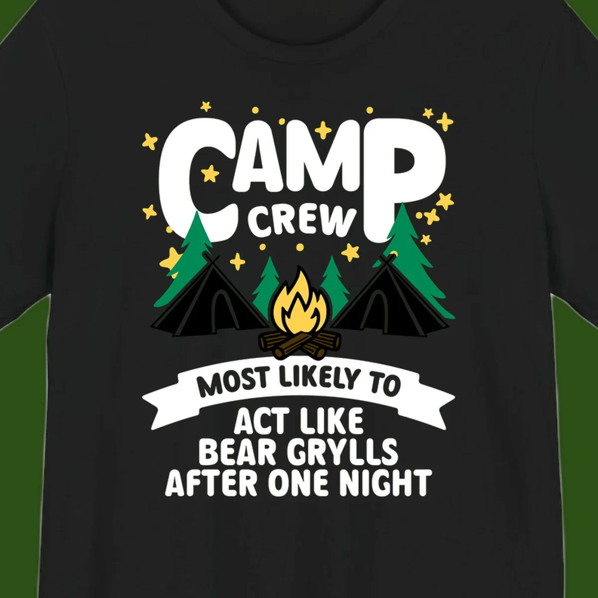 Bear Grylls camp crew design with campfire, tents, and stars—humorous camping shirt for group trips