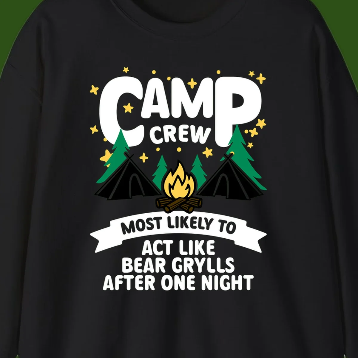 Bear Grylls camp crew design with campfire, tents, and stars—humorous camping shirt for group trips