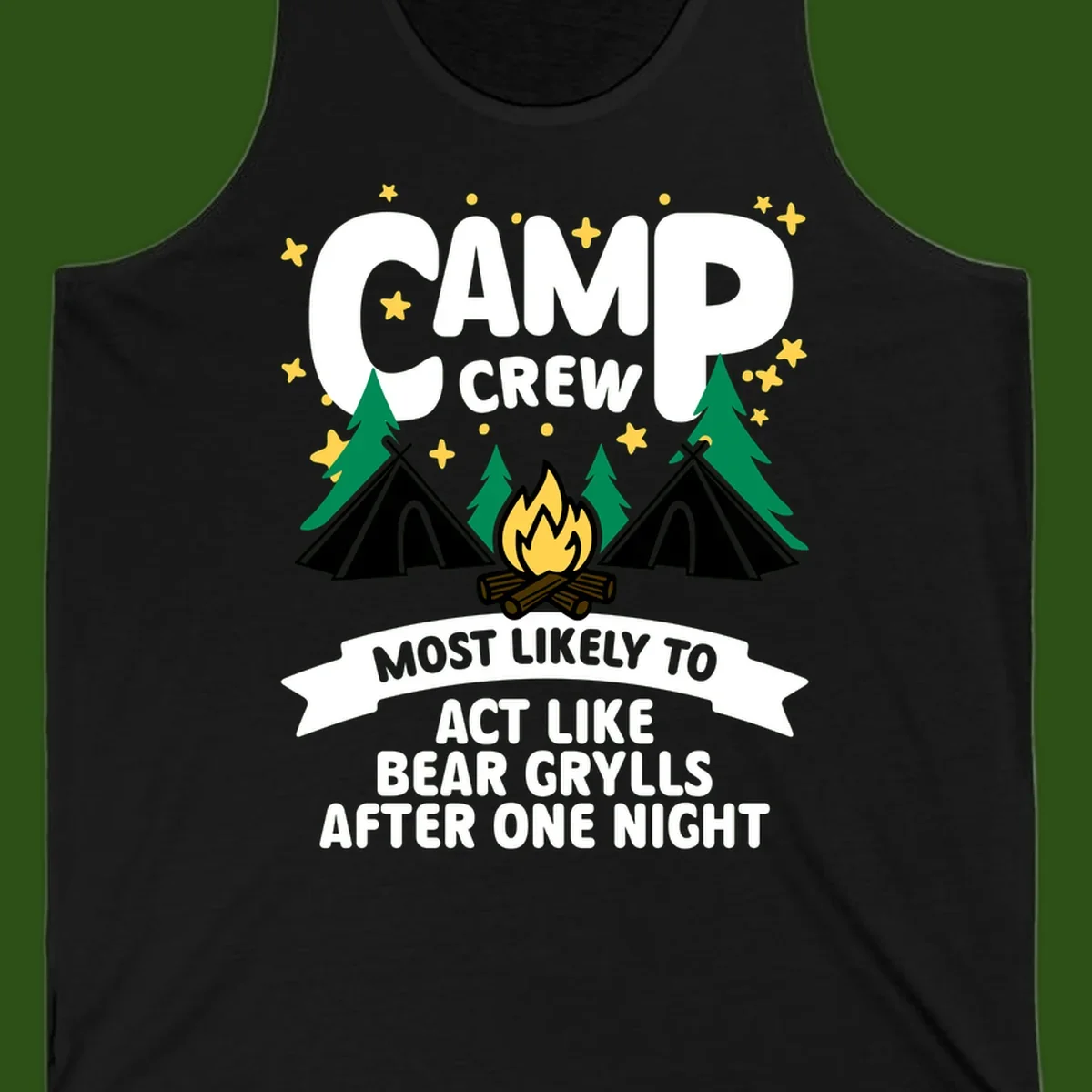 Bear Grylls camp crew design with campfire, tents, and stars—humorous camping shirt for group trips