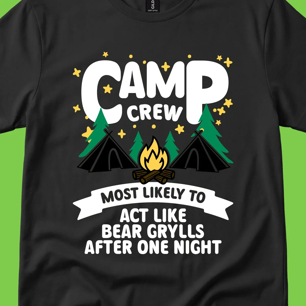 Bear Grylls camp crew design with campfire, tents, and stars—humorous camping shirt for group trips