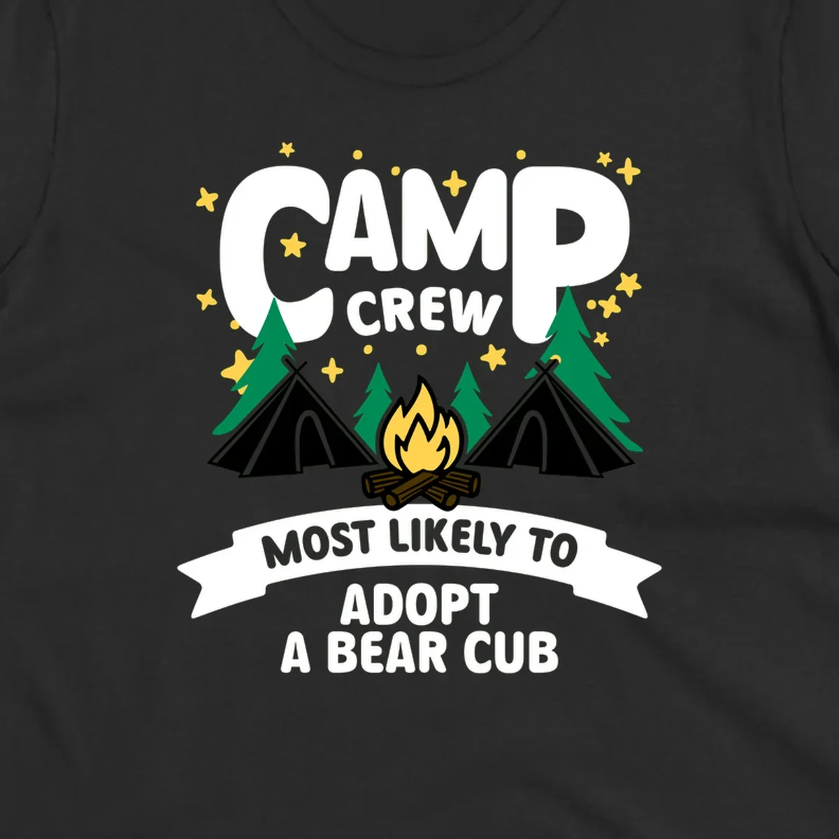 Camp crew bear cub adoption design with campfire, tents, trees, and stars on gray background