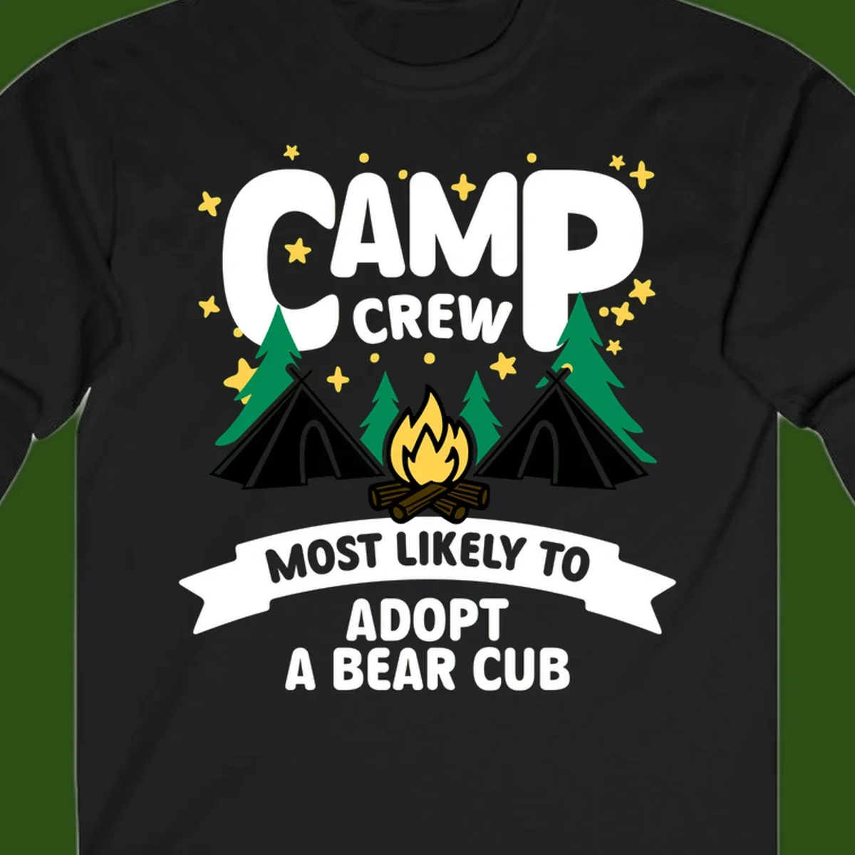 Camp crew bear cub adoption design with campfire, tents, trees, and stars on gray background