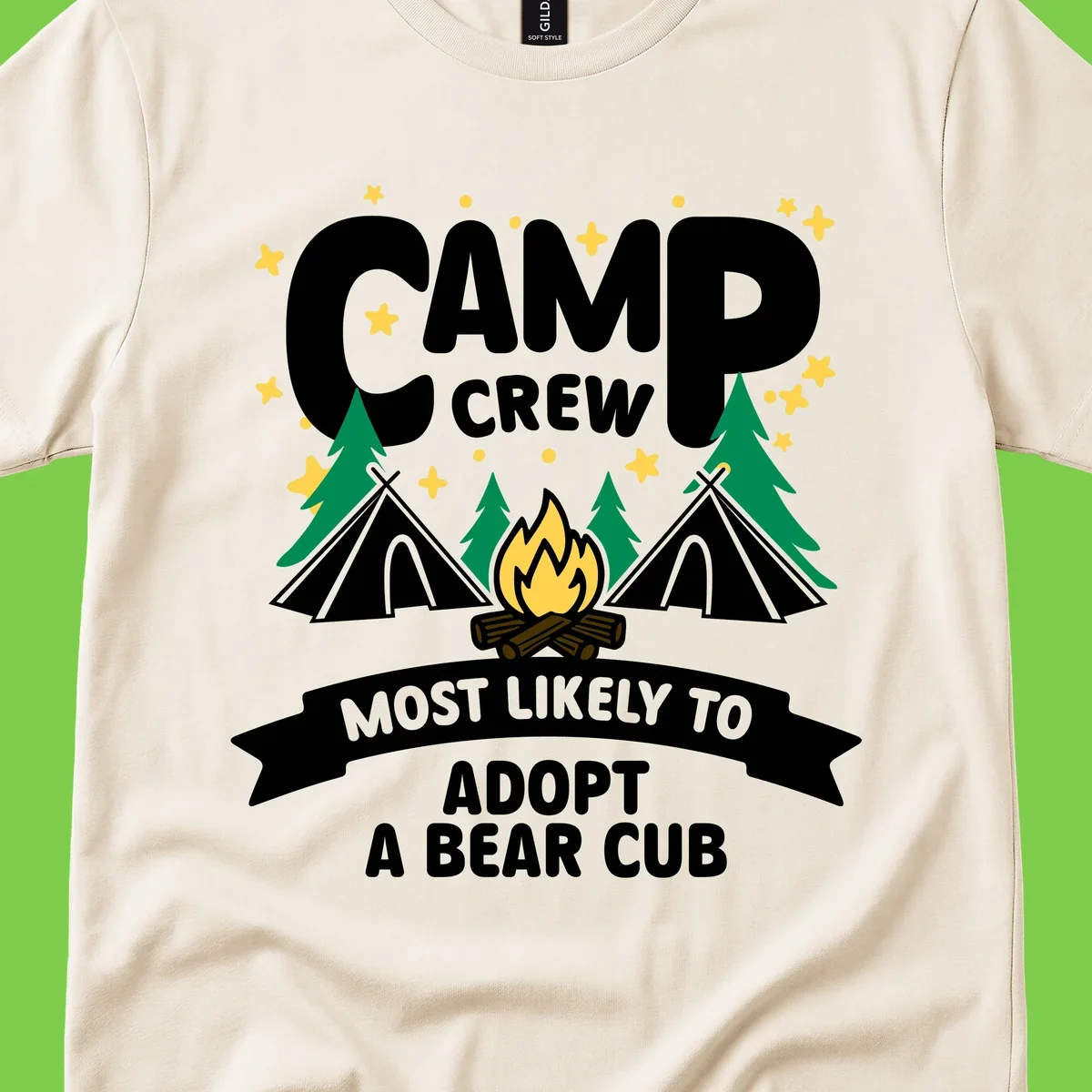 Camp crew bear cub adoption design with campfire, tents, trees, and stars on gray background