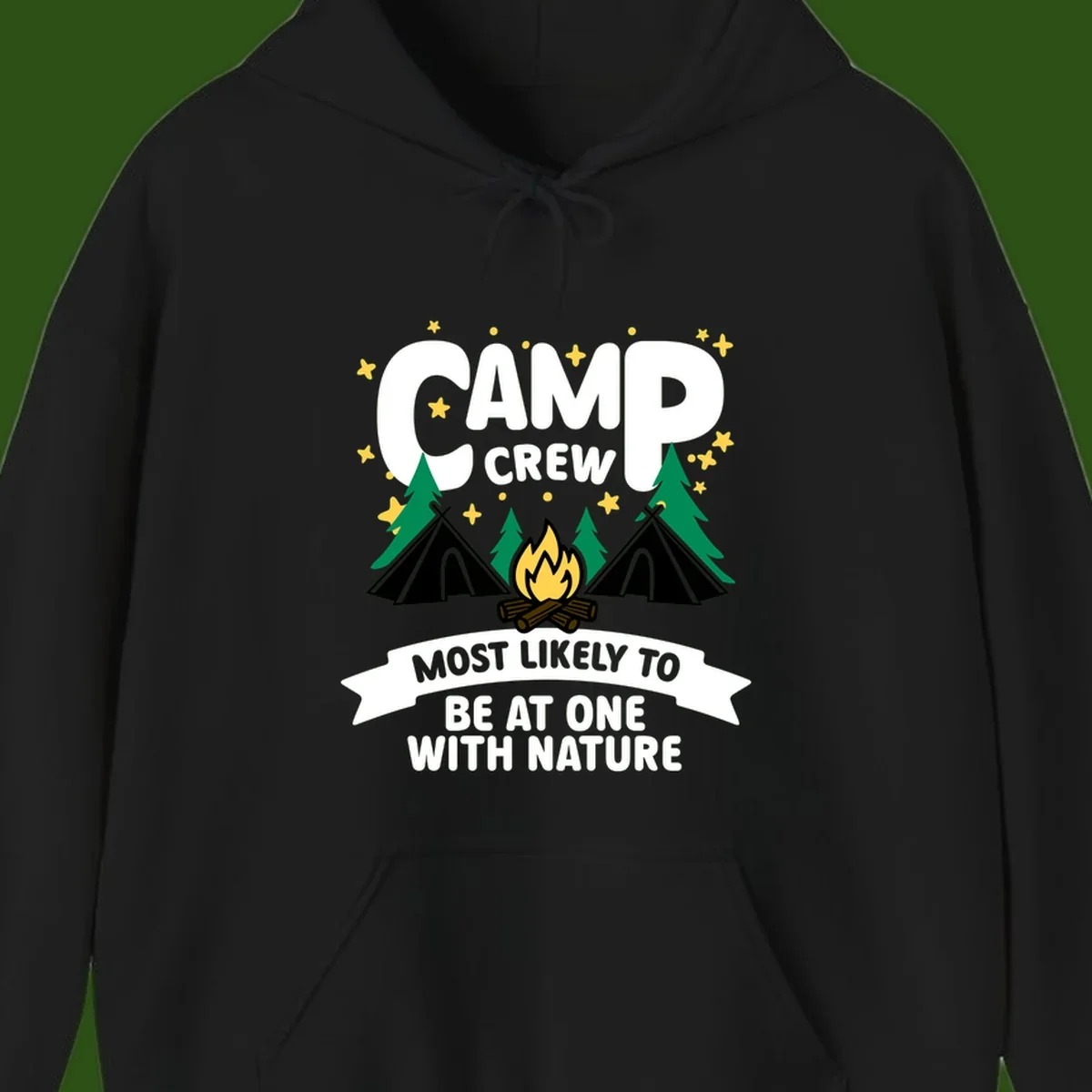 Camp crew superlative design with teepees, campfire, and forest scene with starry sky