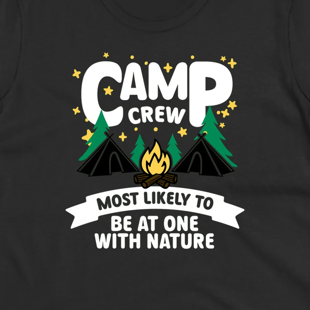 Camp crew superlative design with teepees, campfire, and forest scene with starry sky