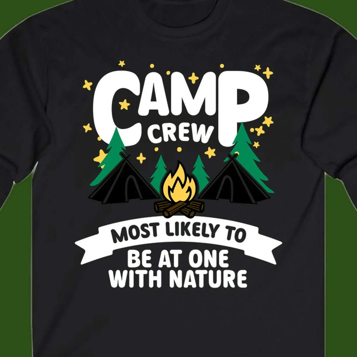 Camp crew superlative design with teepees, campfire, and forest scene with starry sky