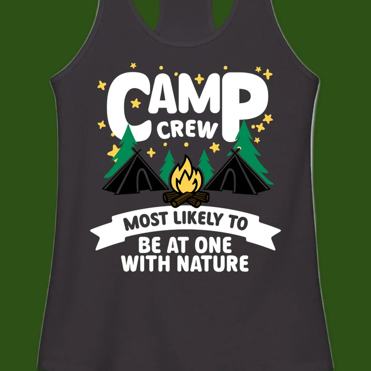 Camp crew superlative design with teepees, campfire, and forest scene with starry sky