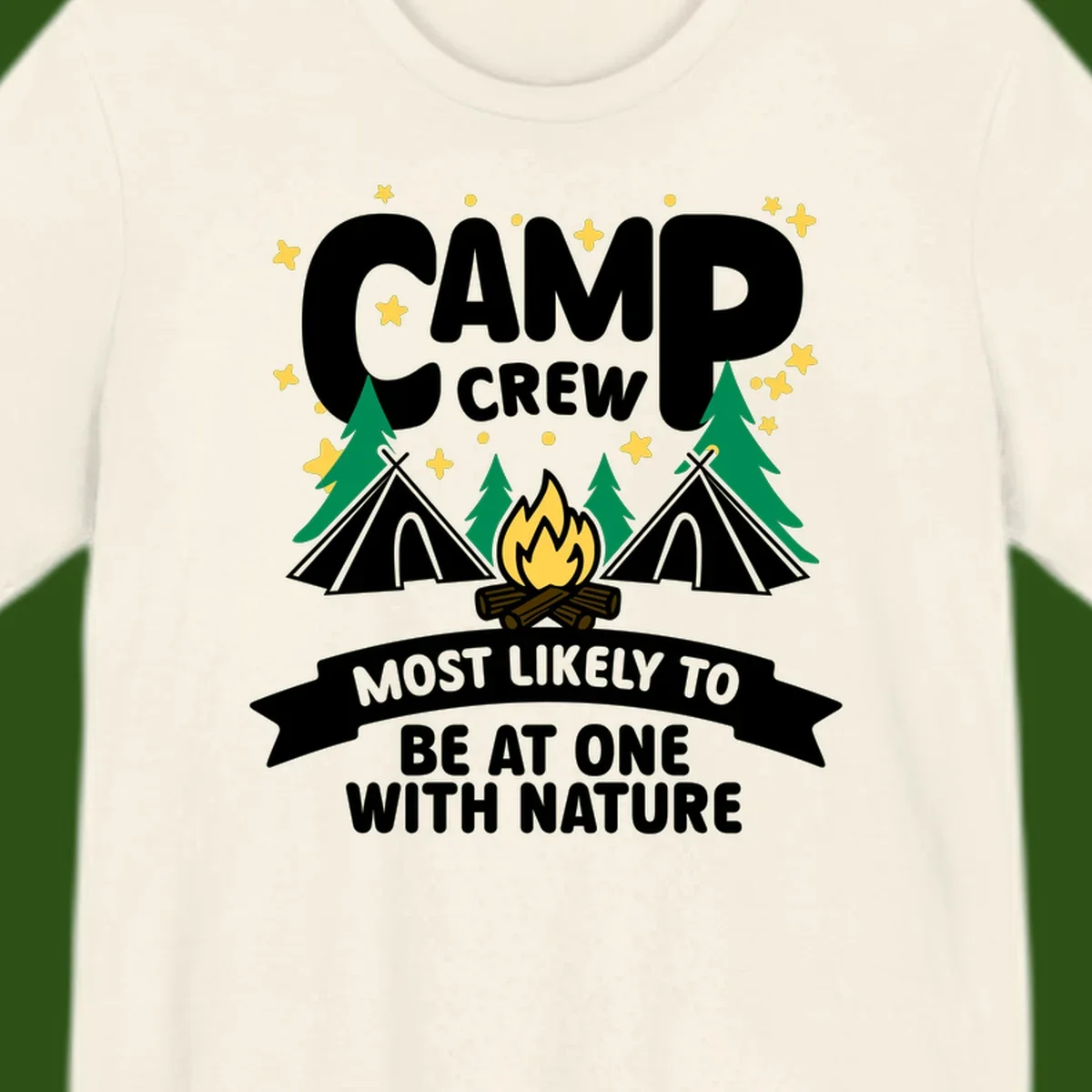 Camp crew superlative design with teepees, campfire, and forest scene with starry sky