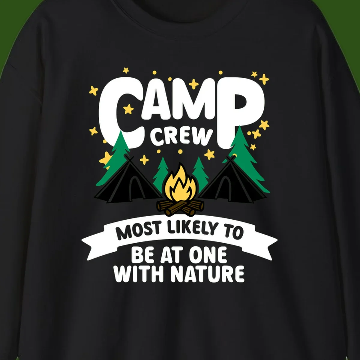 Camp crew superlative design with teepees, campfire, and forest scene with starry sky
