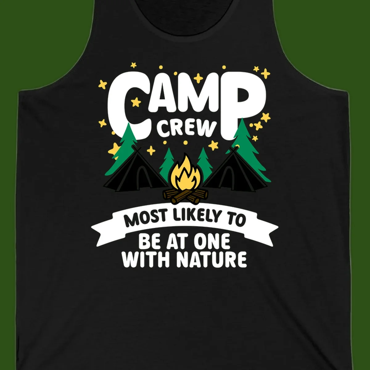 Camp crew superlative design with teepees, campfire, and forest scene with starry sky