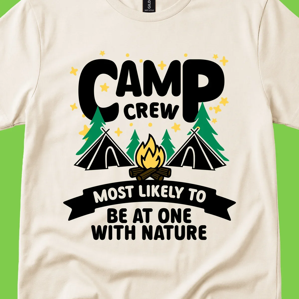 Camp crew superlative design with teepees, campfire, and forest scene with starry sky