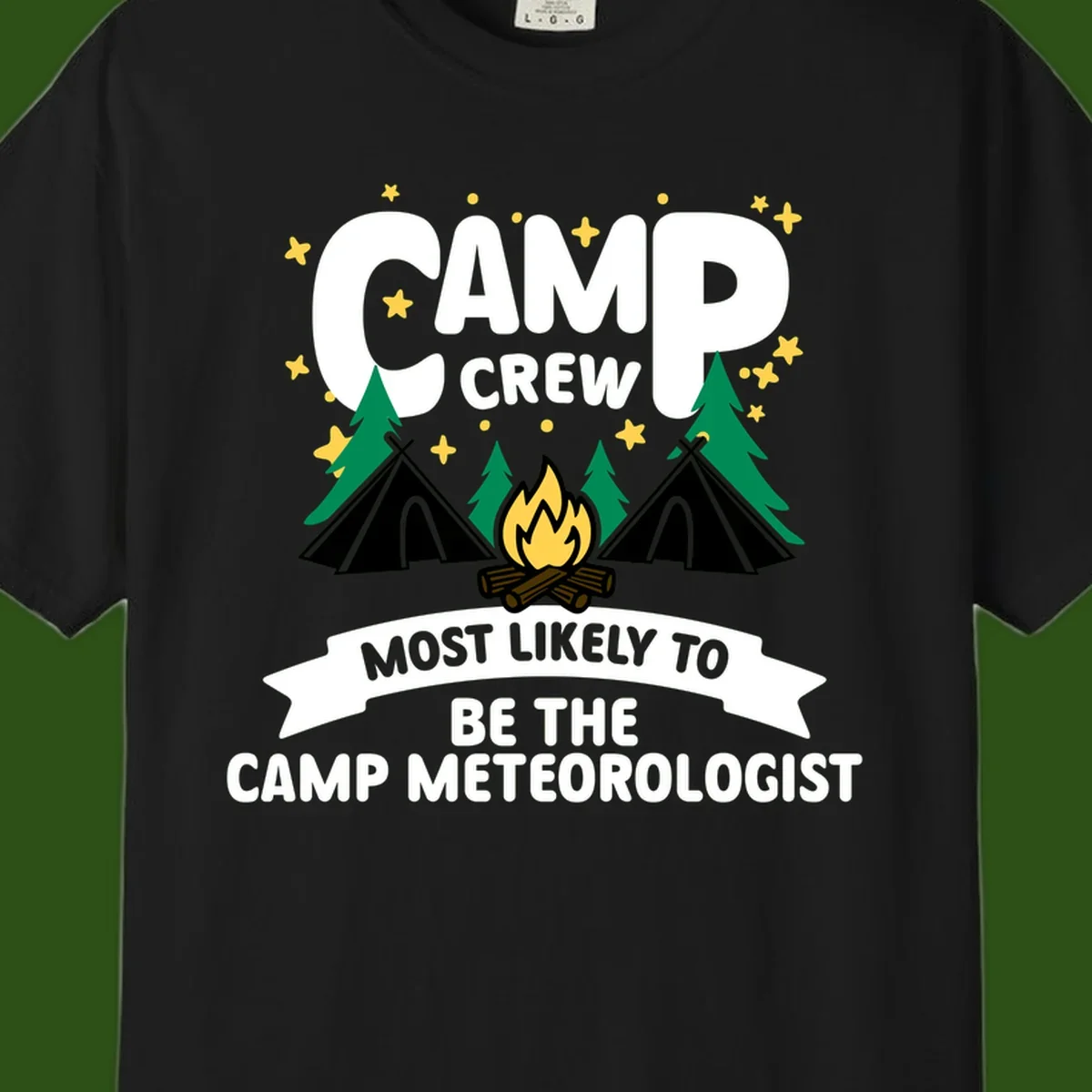 Camp crew superlatives design with campfire, tents, trees and stars, text reads 'Most Likely To Be The Camp Meteorologist'