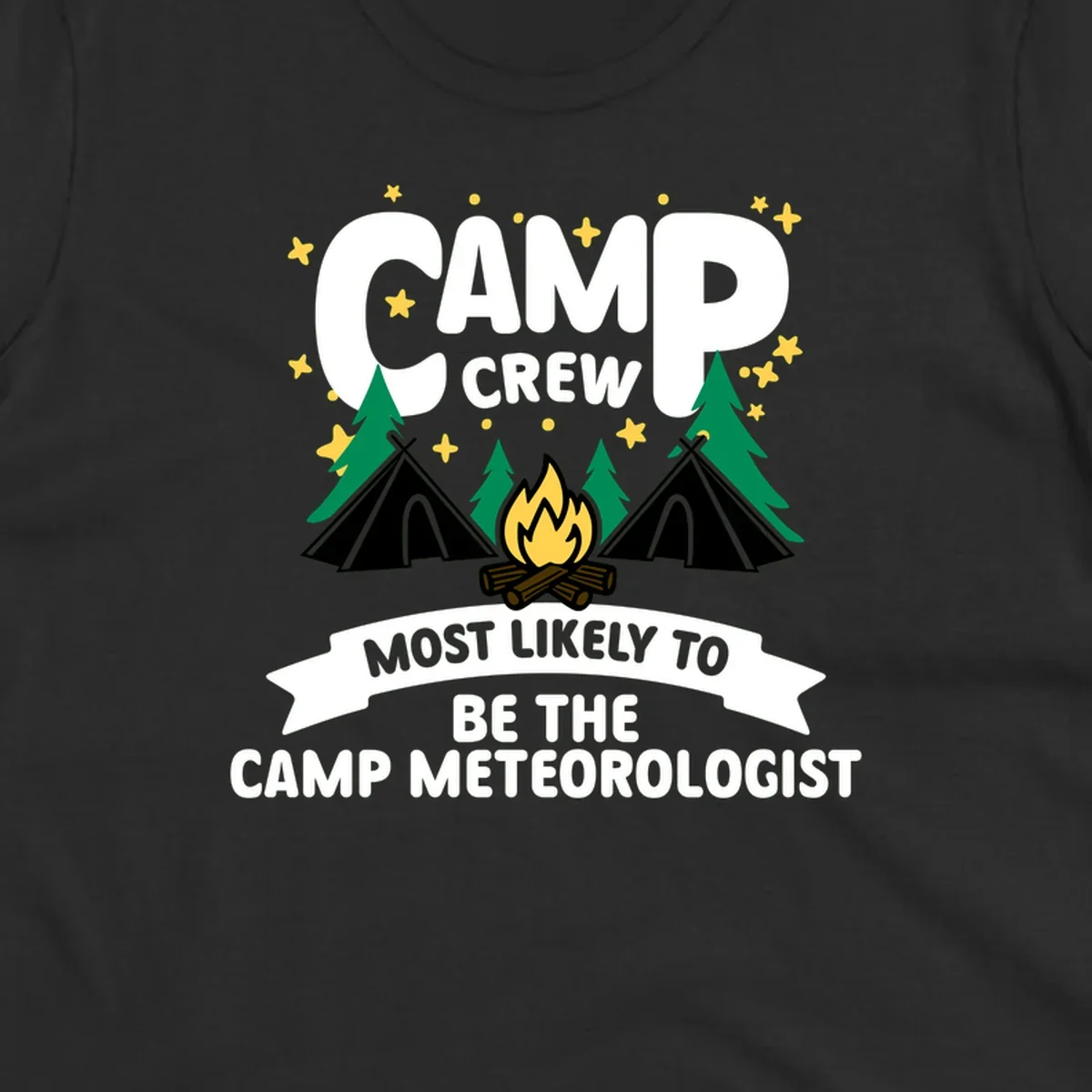 Camp crew superlatives design with campfire, tents, trees and stars, text reads 'Most Likely To Be The Camp Meteorologist'