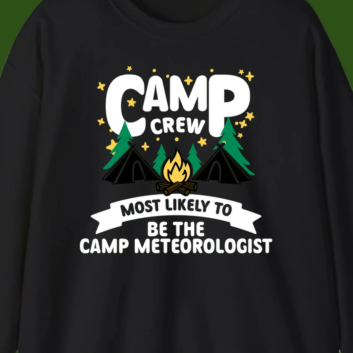 Camp crew superlatives design with campfire, tents, trees and stars, text reads 'Most Likely To Be The Camp Meteorologist'