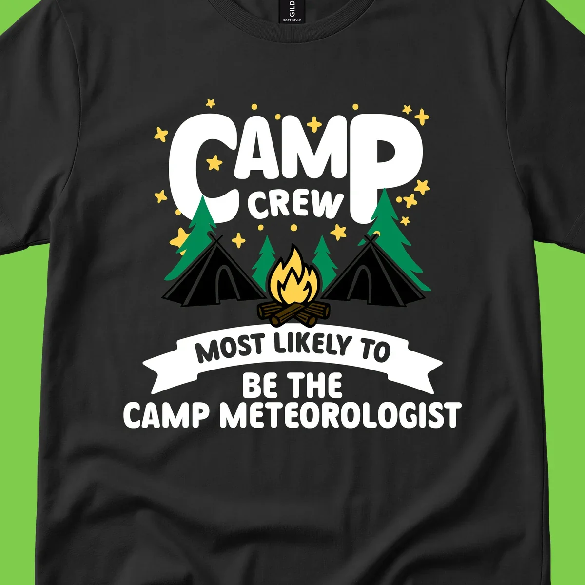 Camp crew superlatives design with campfire, tents, trees and stars, text reads 'Most Likely To Be The Camp Meteorologist'
