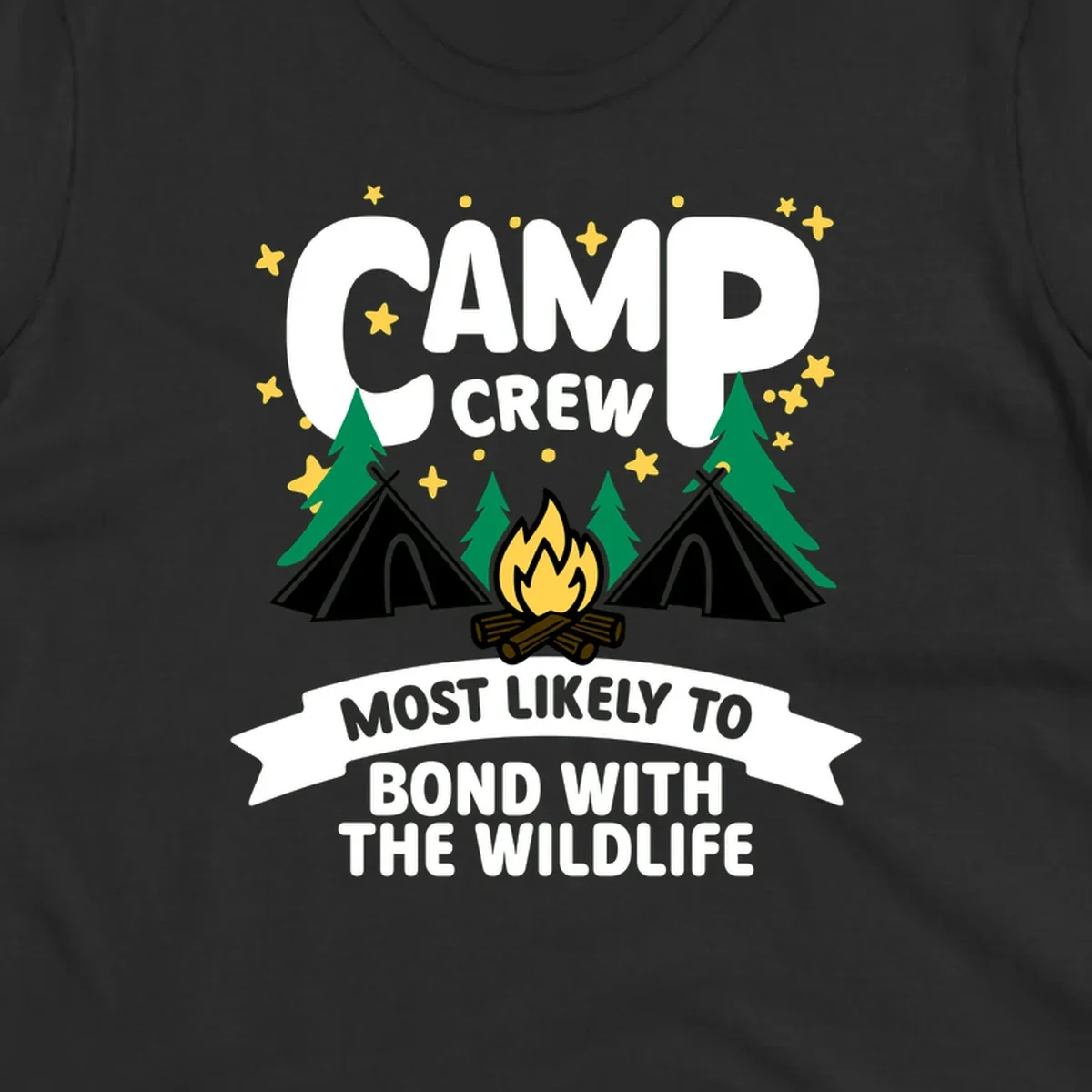 Camp crew wildlife bond design with campfire, teepees, trees, and stars on gray background