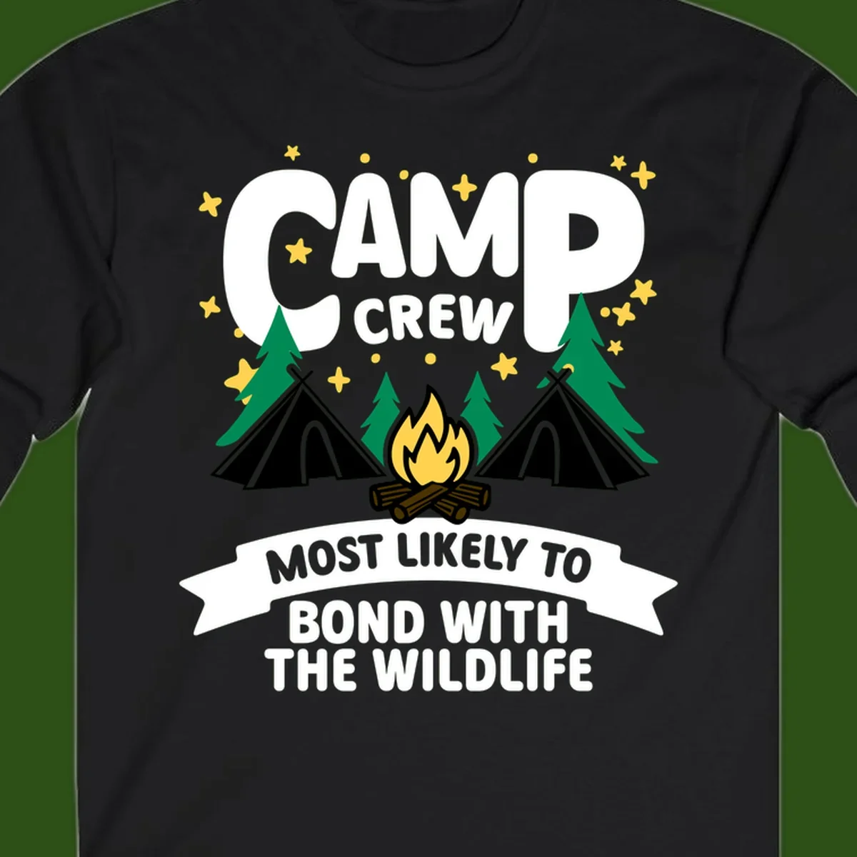 Camp crew wildlife bond design with campfire, teepees, trees, and stars on gray background