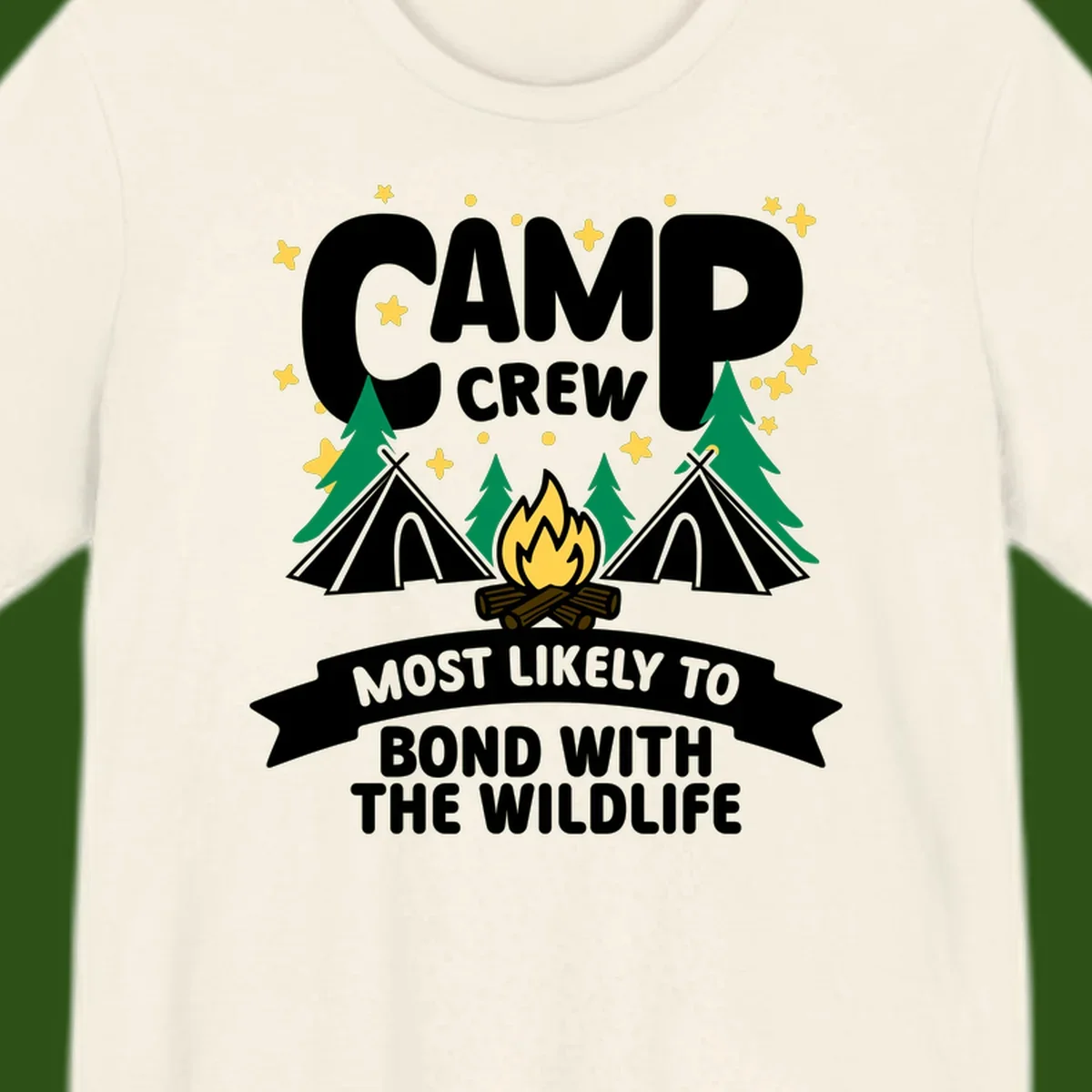 Camp crew wildlife bond design with campfire, teepees, trees, and stars on gray background
