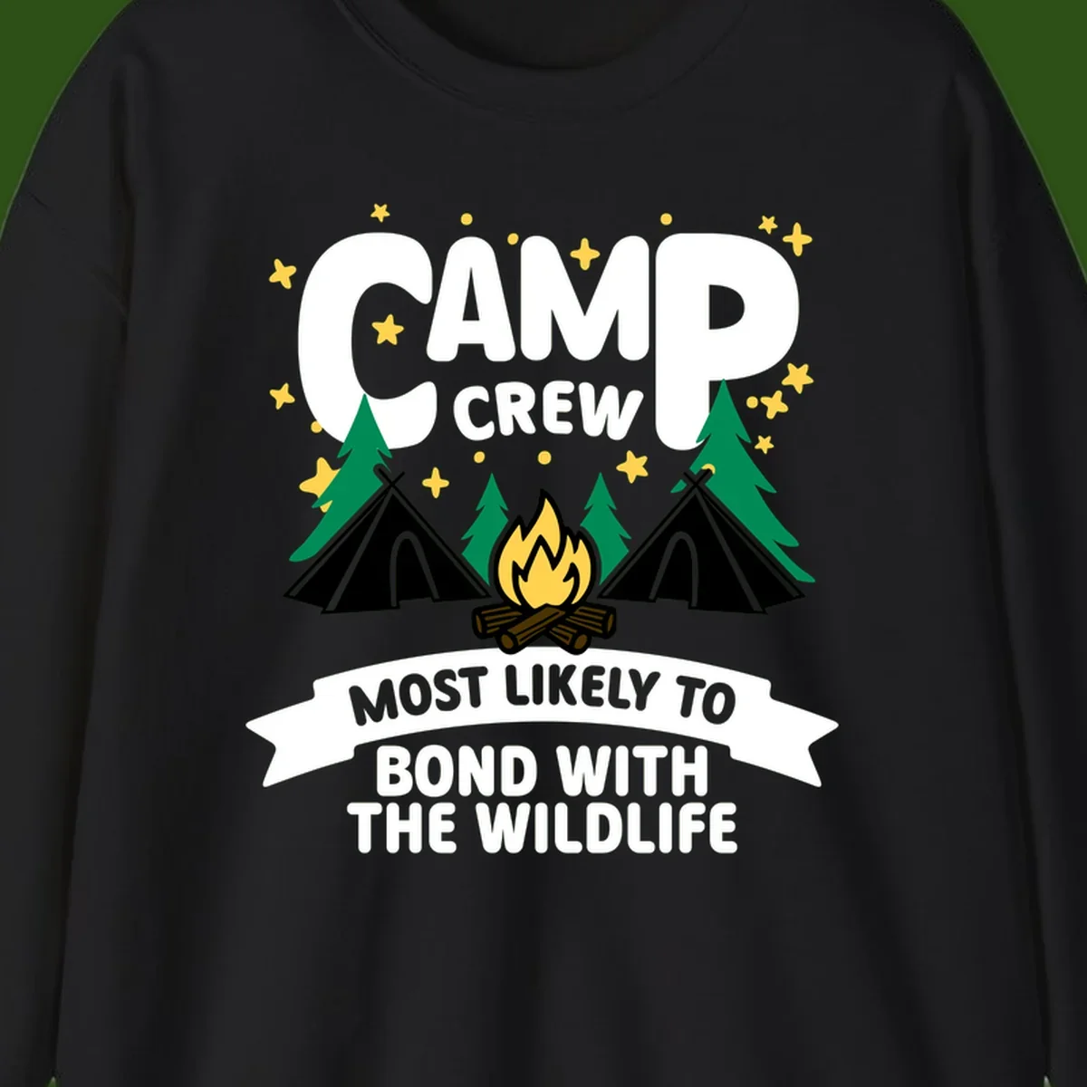 Camp crew wildlife bond design with campfire, teepees, trees, and stars on gray background