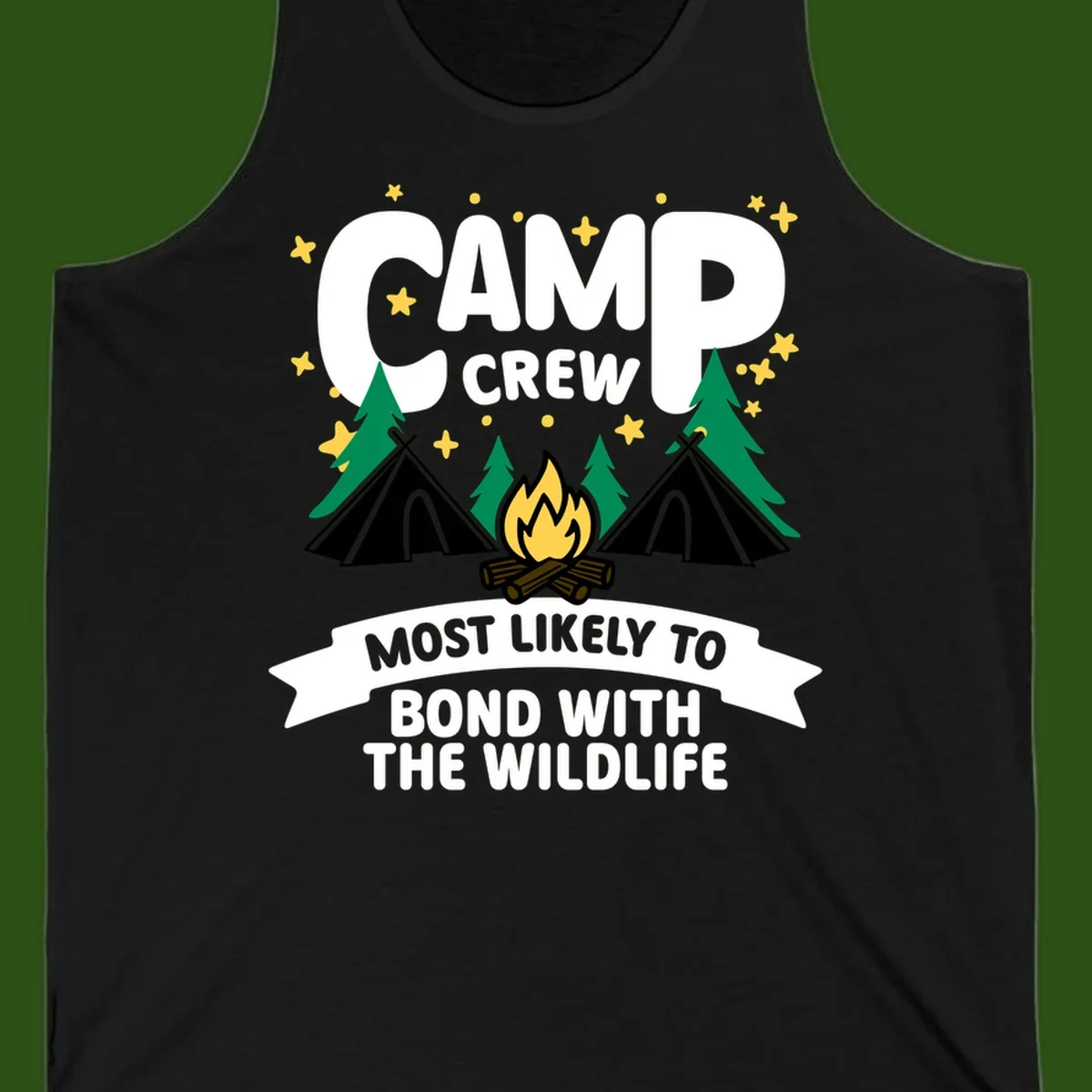 Camp crew wildlife bond design with campfire, teepees, trees, and stars on gray background