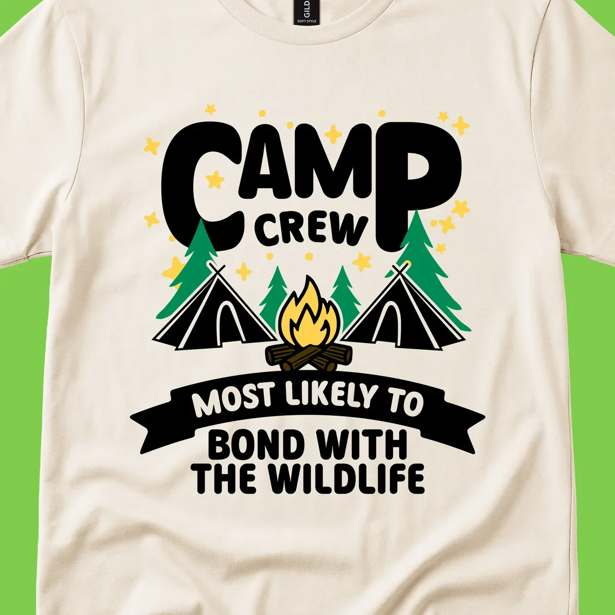 Camp crew wildlife bond design with campfire, teepees, trees, and stars on gray background