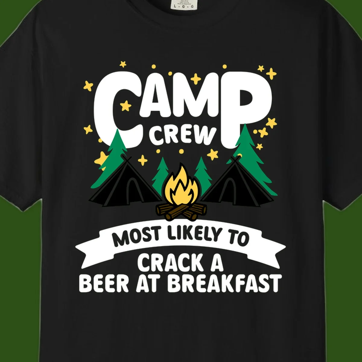 Camp crew beer at breakfast design with tents, campfire, pine trees and stars on gray background