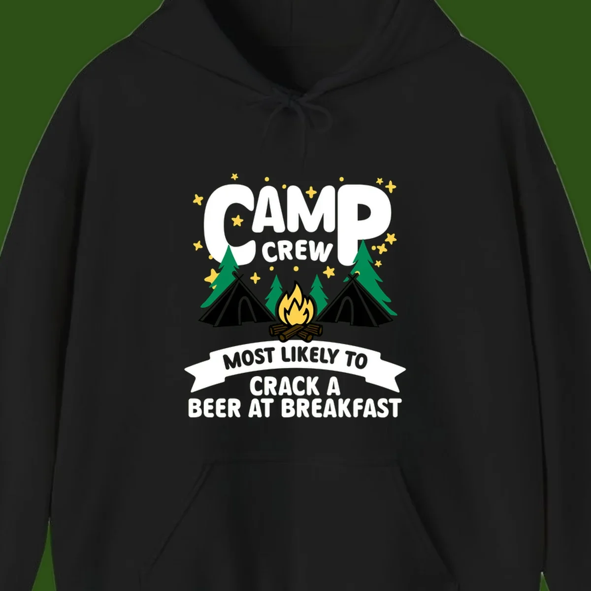 Camp crew beer at breakfast design with tents, campfire, pine trees and stars on gray background