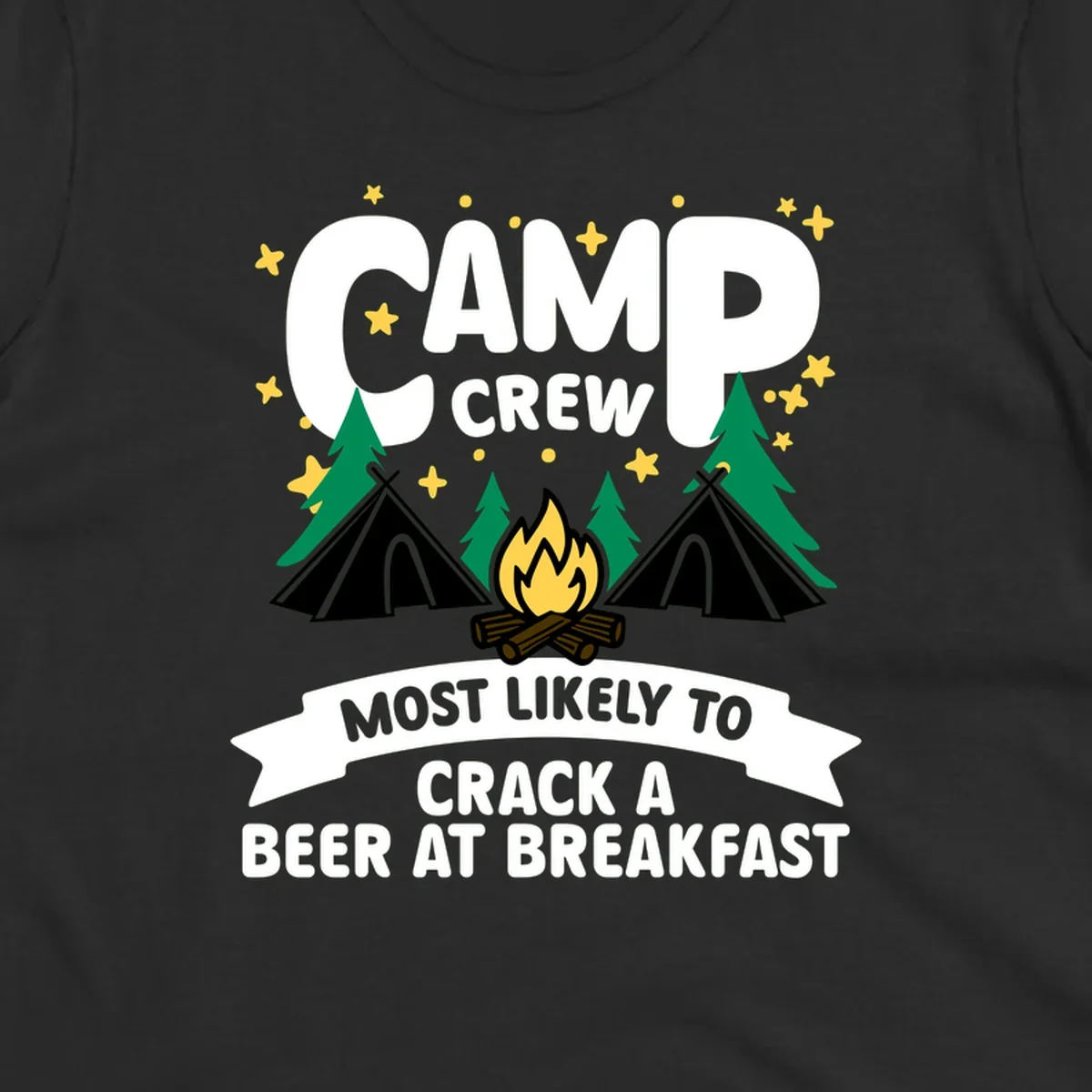 Camp crew beer at breakfast design with tents, campfire, pine trees and stars on gray background