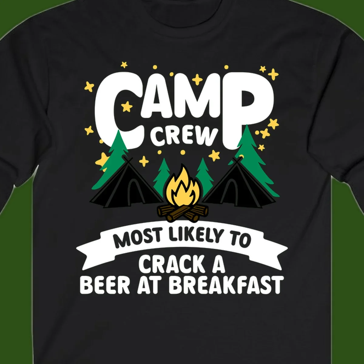 Camp crew beer at breakfast design with tents, campfire, pine trees and stars on gray background