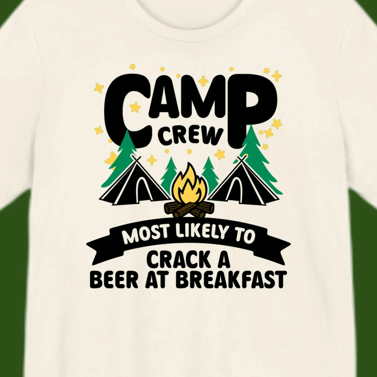 Camp crew beer at breakfast design with tents, campfire, pine trees and stars on gray background