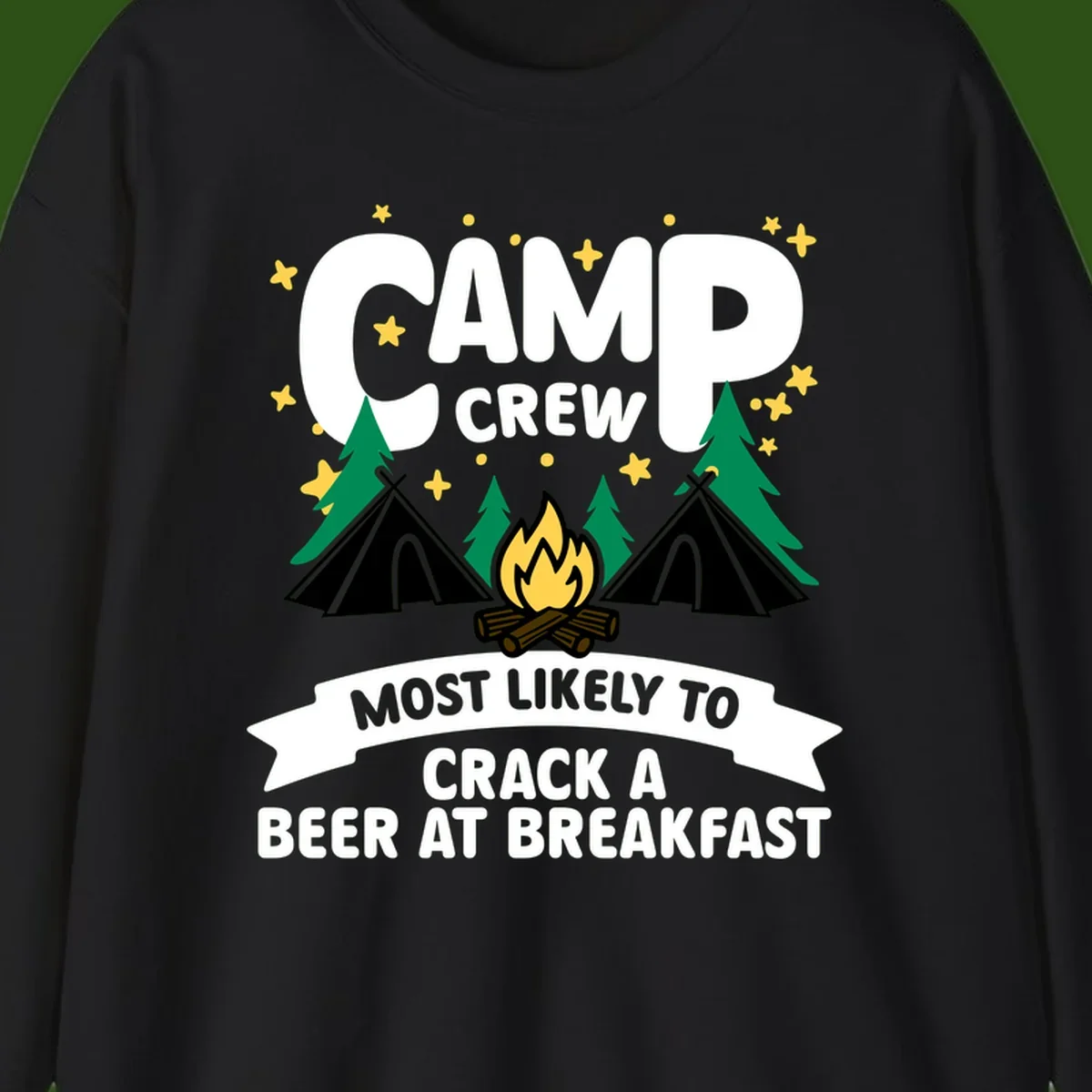 Camp crew beer at breakfast design with tents, campfire, pine trees and stars on gray background