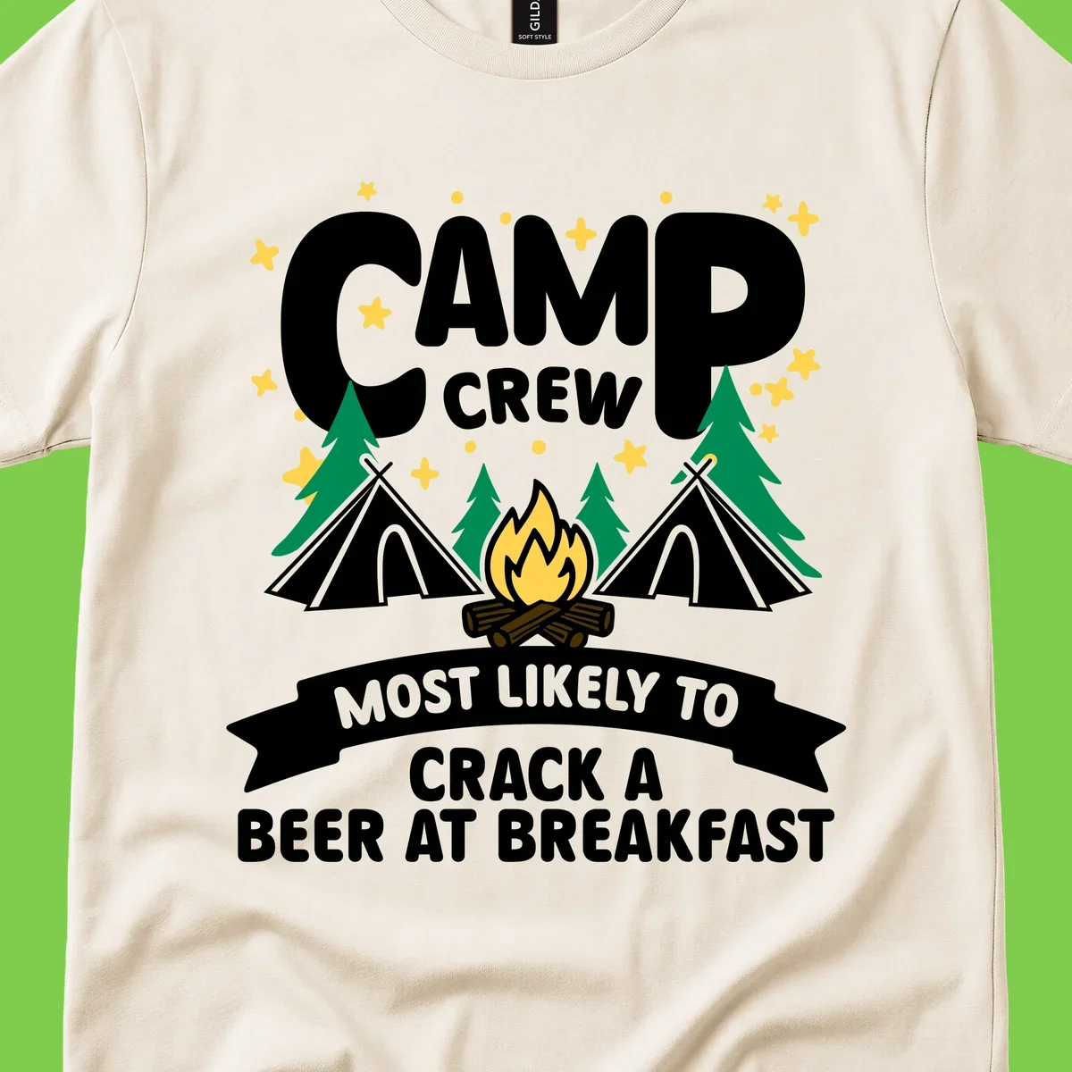 Camp crew beer at breakfast design with tents, campfire, pine trees and stars on gray background