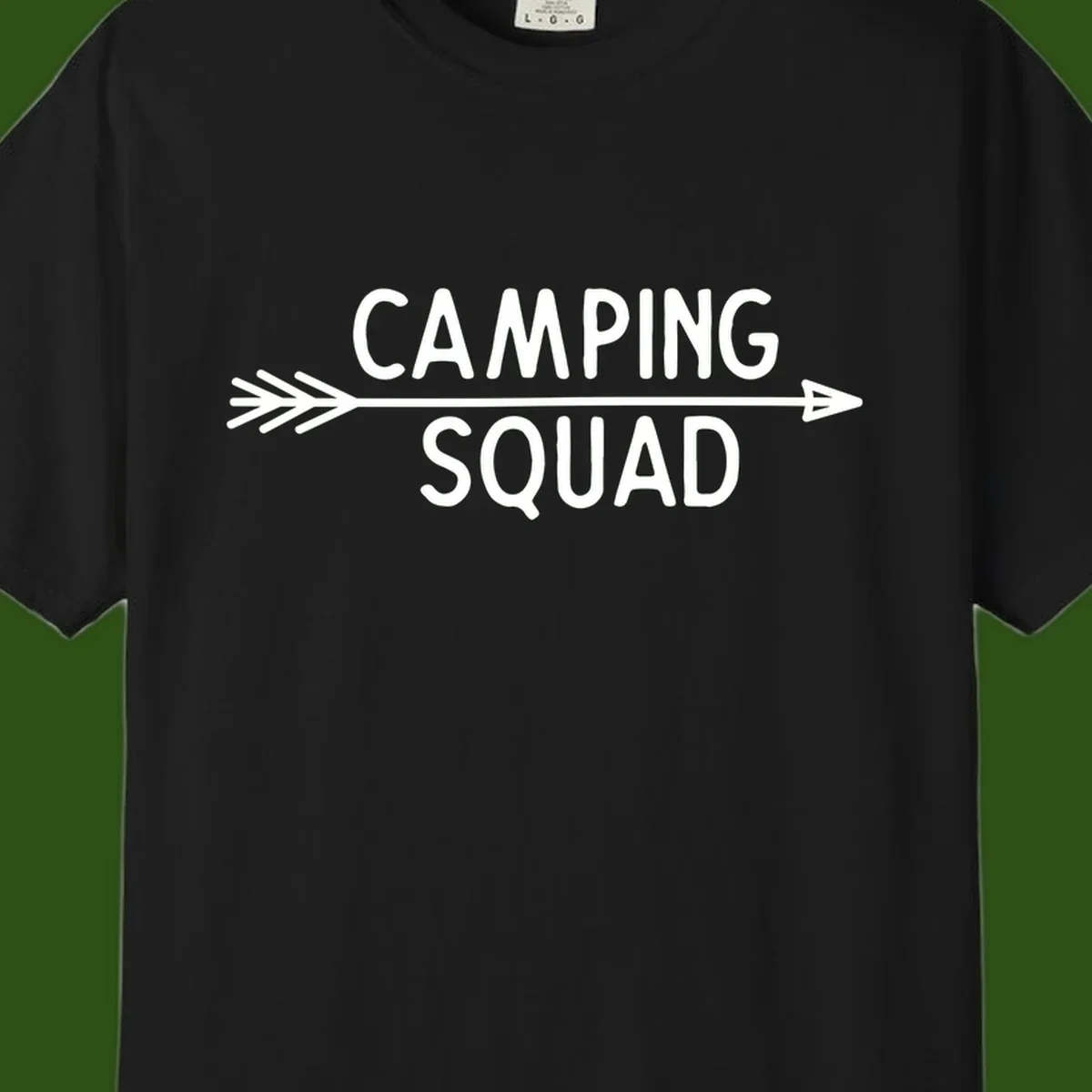 White text reading 'Camping Squad' with a horizontal arrow running through it on gray background