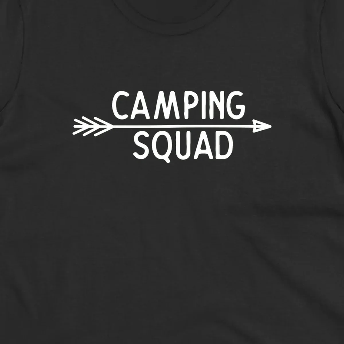 White text reading 'Camping Squad' with a horizontal arrow running through it on gray background