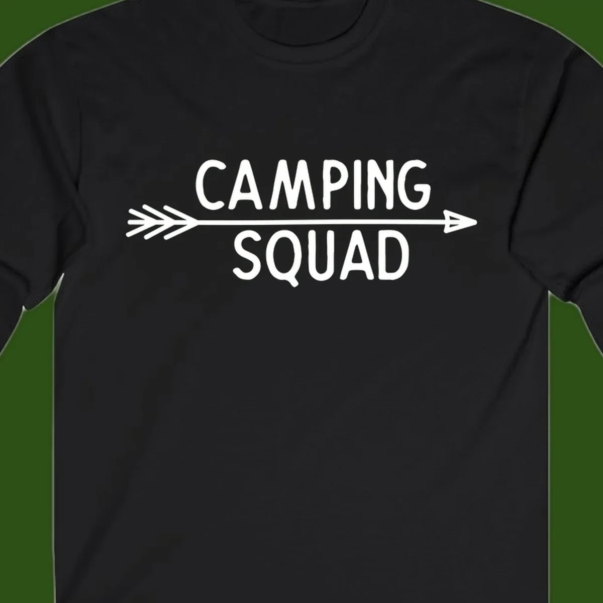 White text reading 'Camping Squad' with a horizontal arrow running through it on gray background