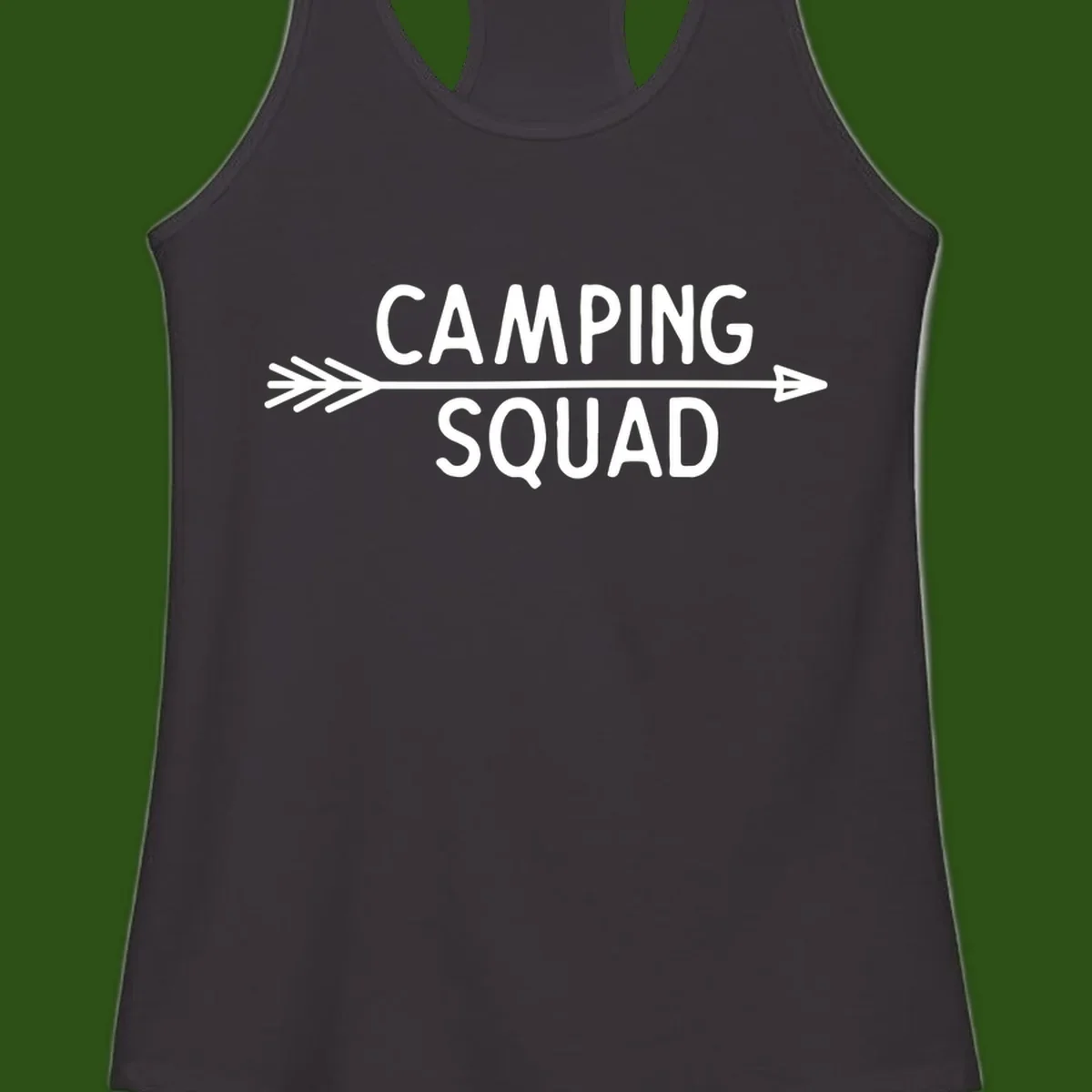 White text reading 'Camping Squad' with a horizontal arrow running through it on gray background