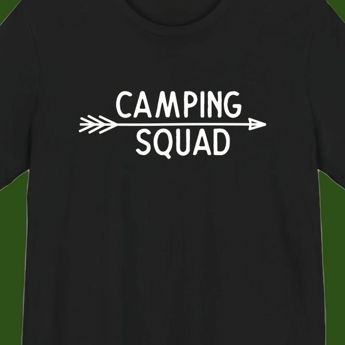 White text reading 'Camping Squad' with a horizontal arrow running through it on gray background