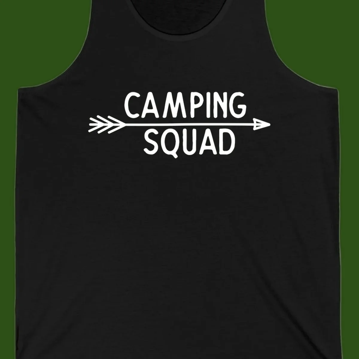 White text reading 'Camping Squad' with a horizontal arrow running through it on gray background