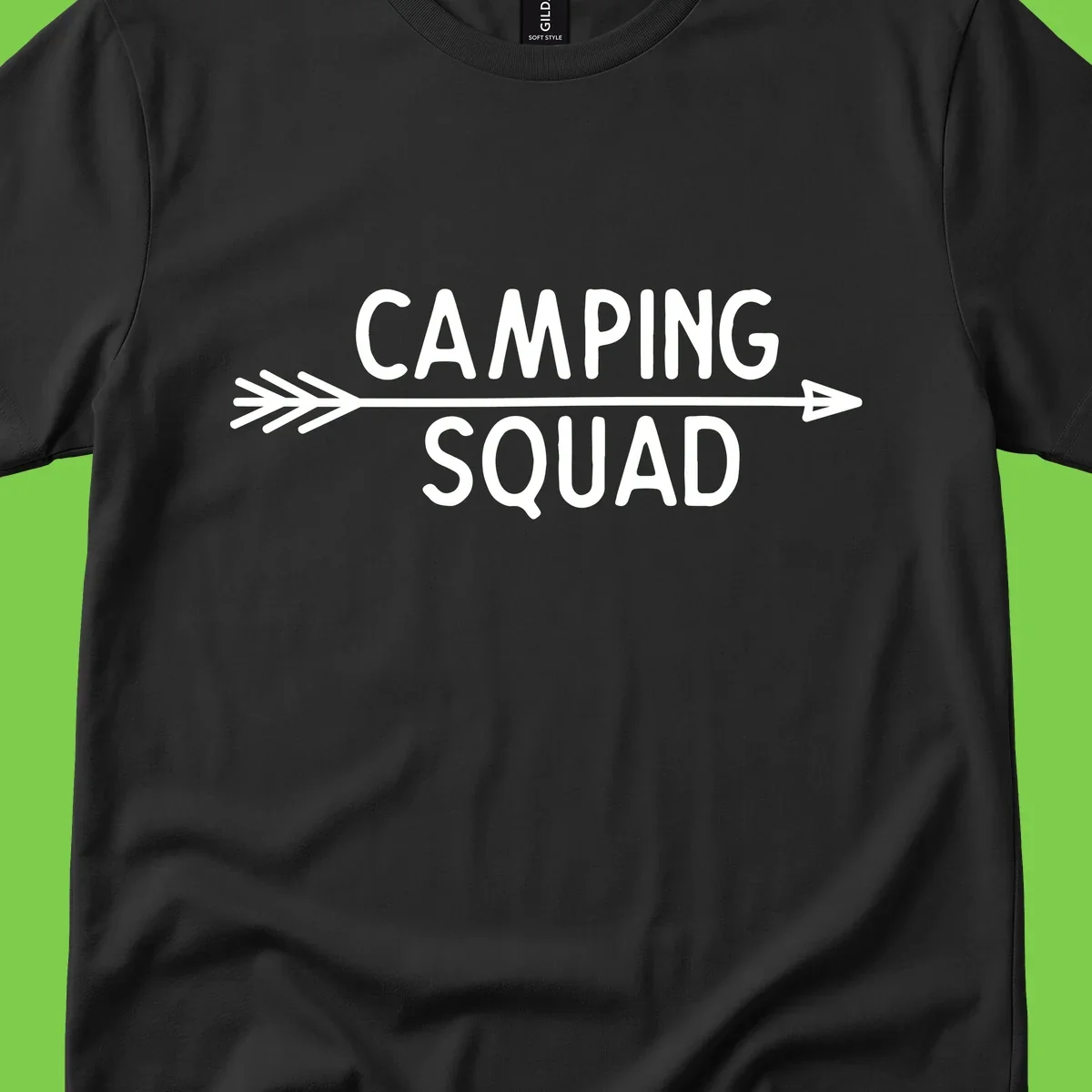 White text reading 'Camping Squad' with a horizontal arrow running through it on gray background