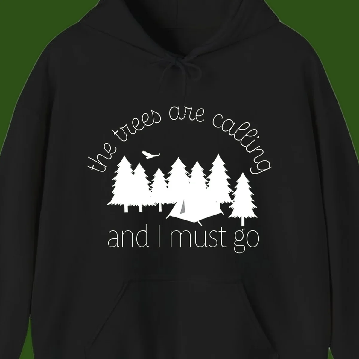 Minimalist camping design with evergreen trees, tent, and airplane with text 'The trees are calling and I must go'