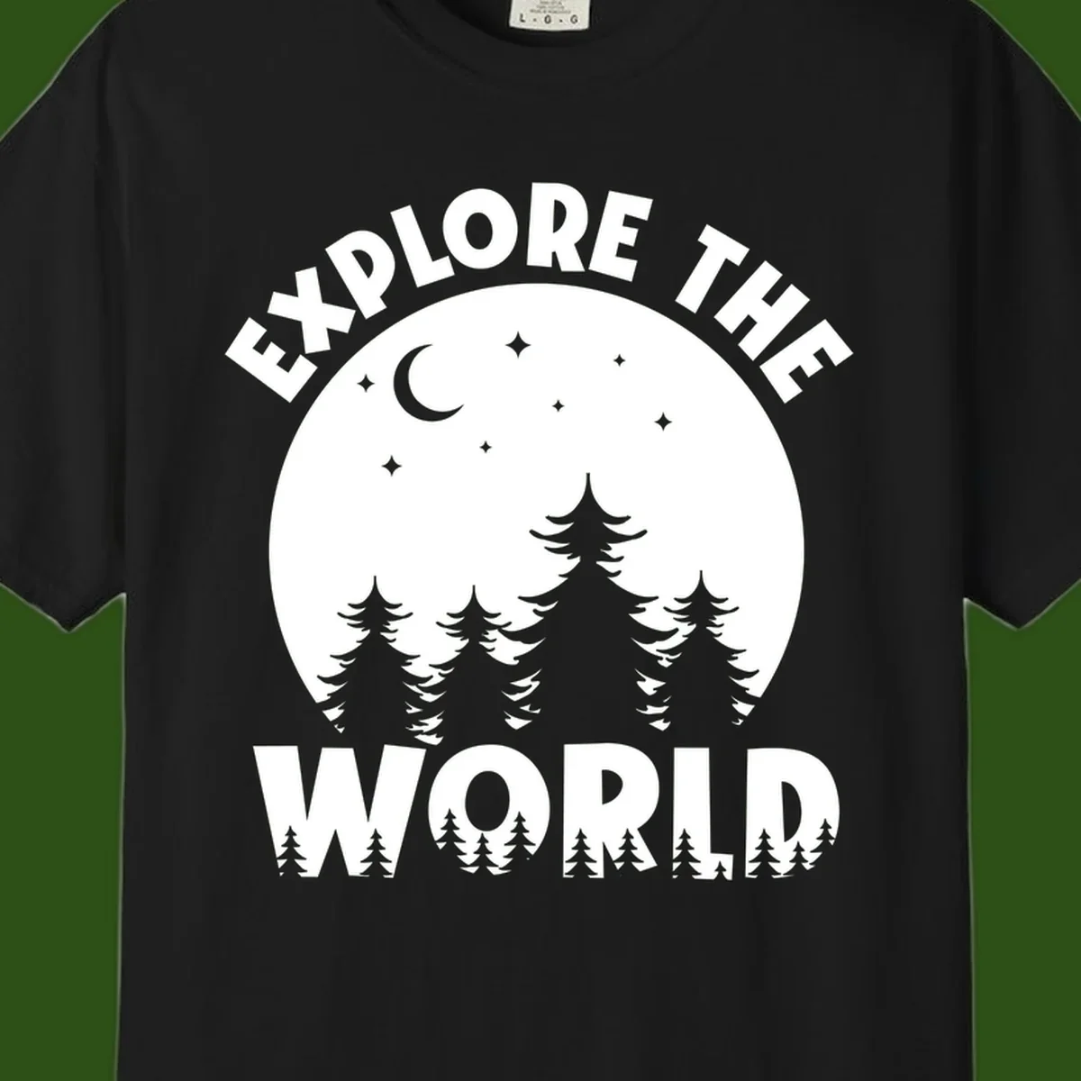 Silhouetted evergreen forest beneath a crescent moon and stars with 'Explore The World' text in a circular nighttime camping design