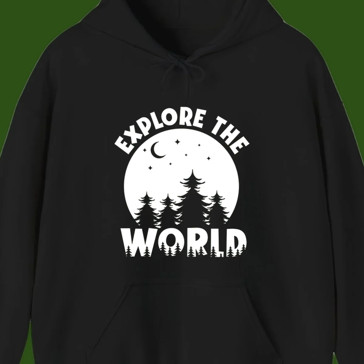 Silhouetted evergreen forest beneath a crescent moon and stars with 'Explore The World' text in a circular nighttime camping design