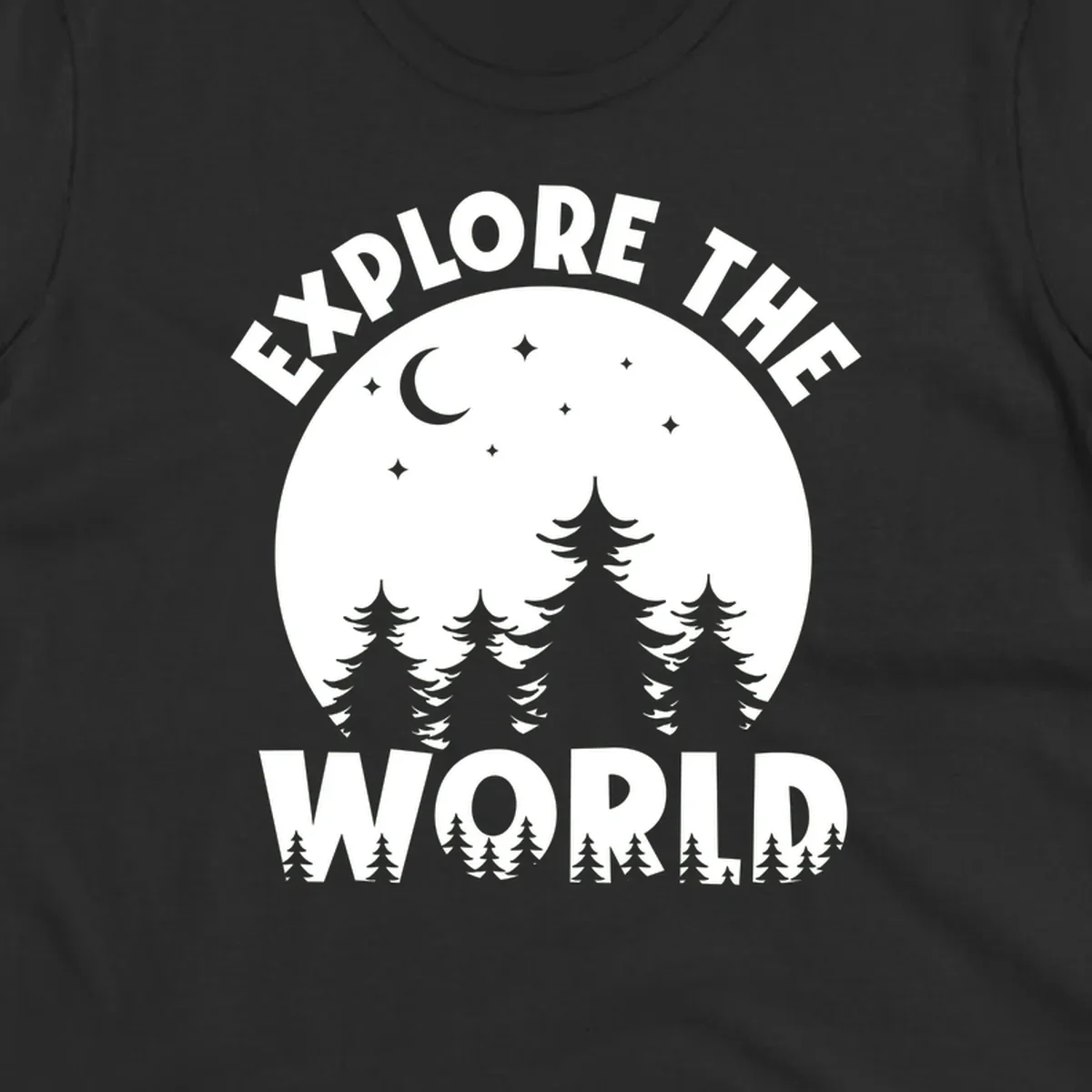 Silhouetted evergreen forest beneath a crescent moon and stars with 'Explore The World' text in a circular nighttime camping design