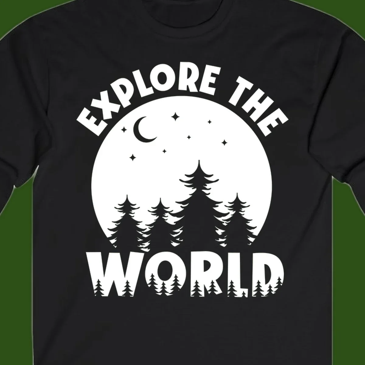 Silhouetted evergreen forest beneath a crescent moon and stars with 'Explore The World' text in a circular nighttime camping design