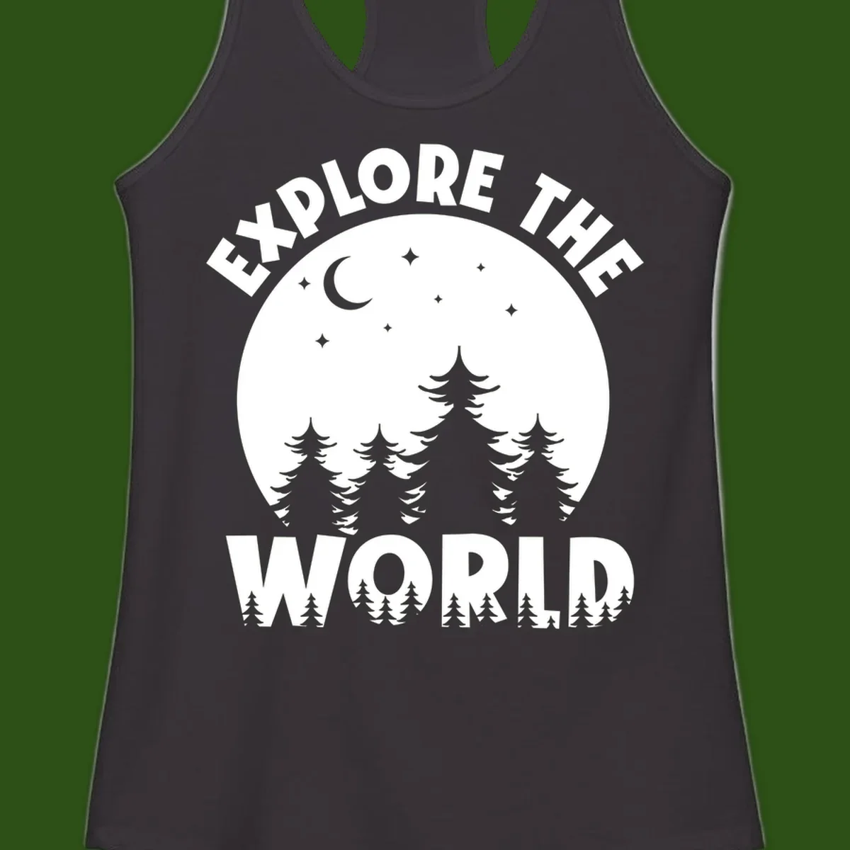 Silhouetted evergreen forest beneath a crescent moon and stars with 'Explore The World' text in a circular nighttime camping design