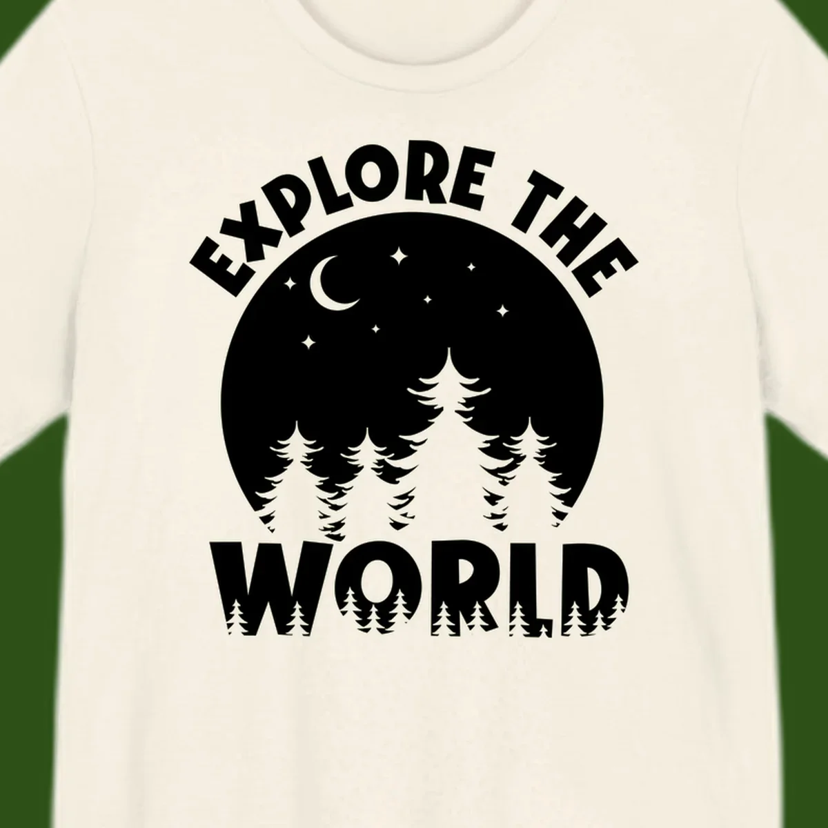 Silhouetted evergreen forest beneath a crescent moon and stars with 'Explore The World' text in a circular nighttime camping design