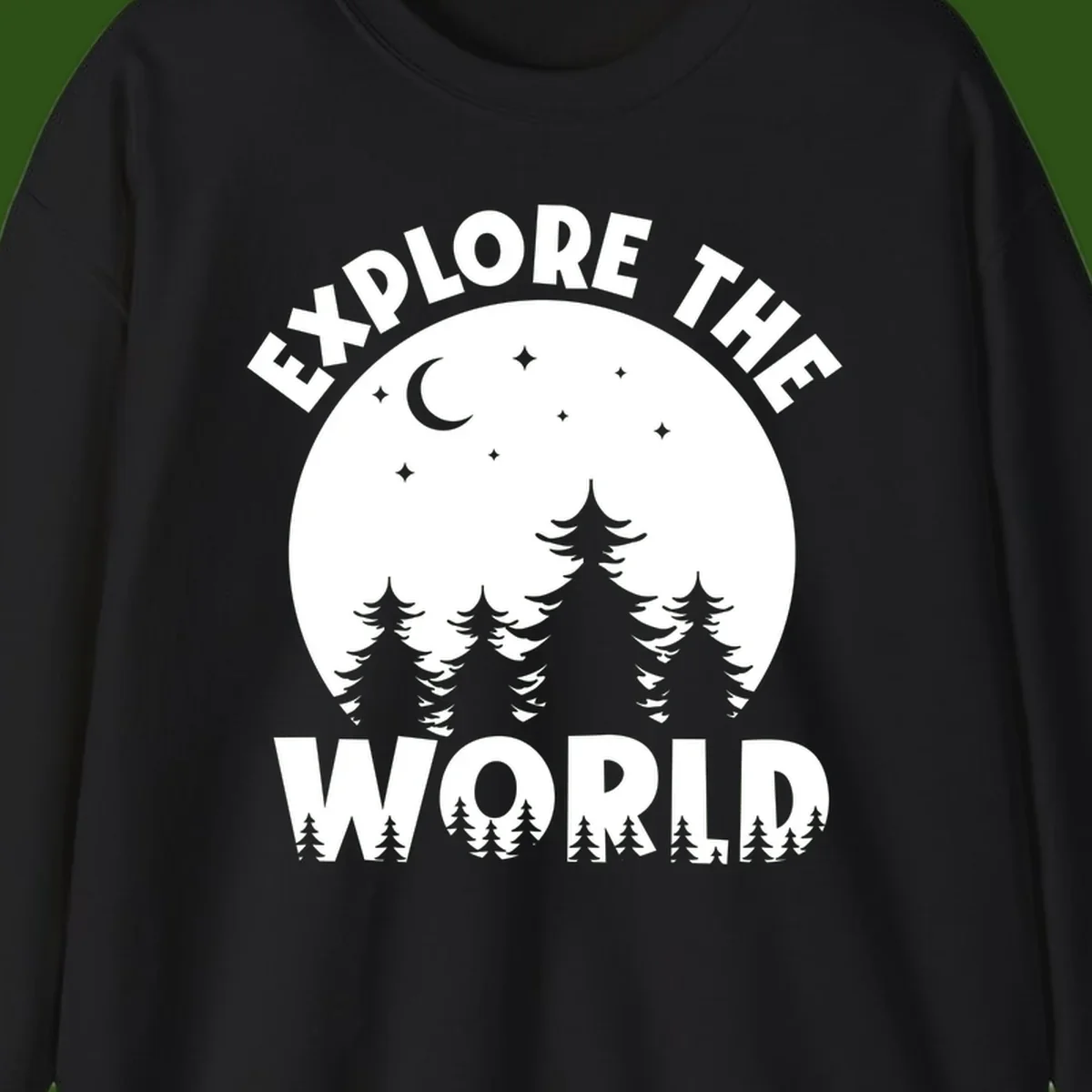 Silhouetted evergreen forest beneath a crescent moon and stars with 'Explore The World' text in a circular nighttime camping design