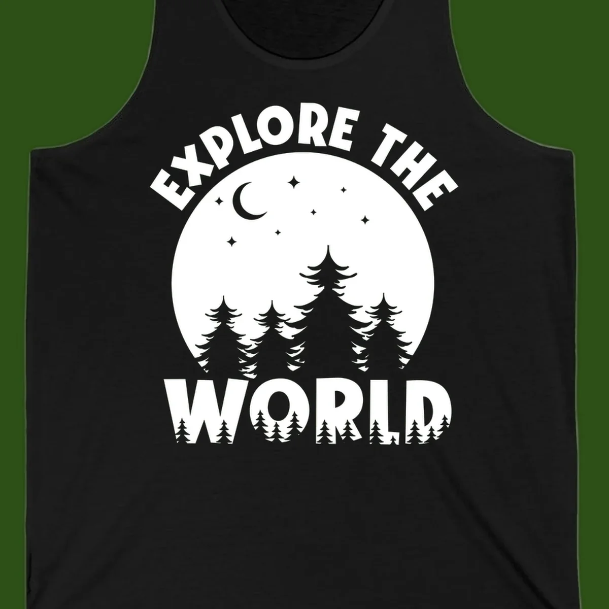 Silhouetted evergreen forest beneath a crescent moon and stars with 'Explore The World' text in a circular nighttime camping design